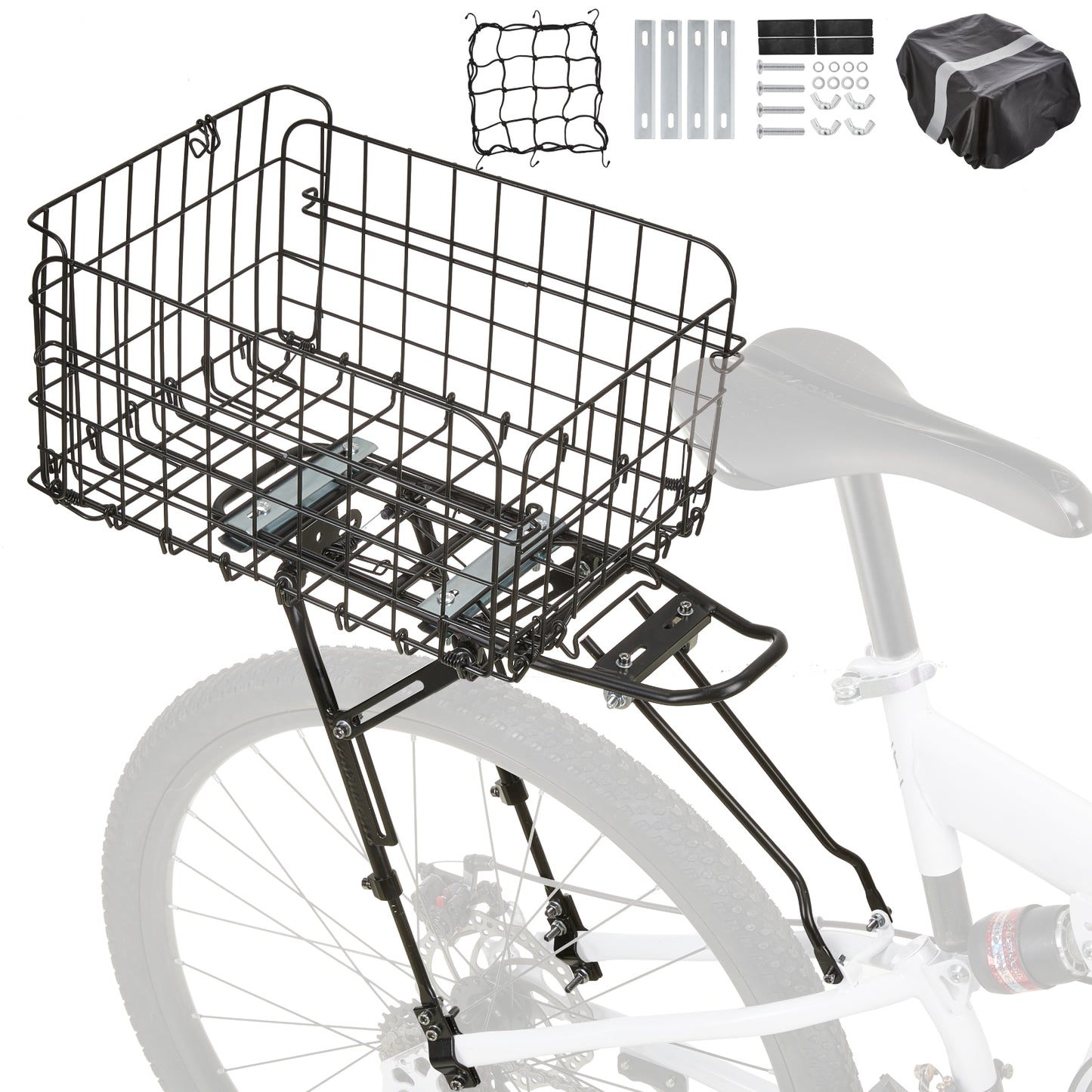 Fitense Rear Bike Rack with Basket- Bicycle Cargo Rack with Waterproof Cover, Liner and Cargo Net, Bike Storage Basket for Double - Rod Rear Fork for 26" - 29" and 700c Bikes