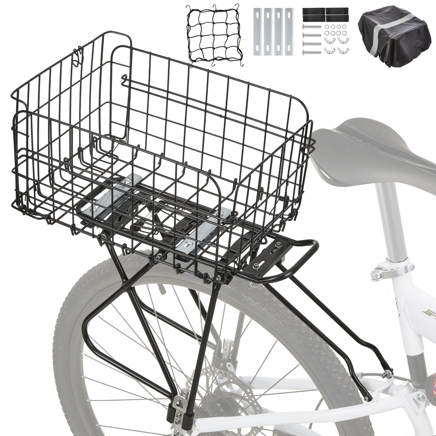 Fitense Rear Bike Rack with Basket- Bicycle Cargo Rack with Waterproof Cover, Liner and Cargo Net, Bike Storage Basket for 26" - 29" and 700c Bikes