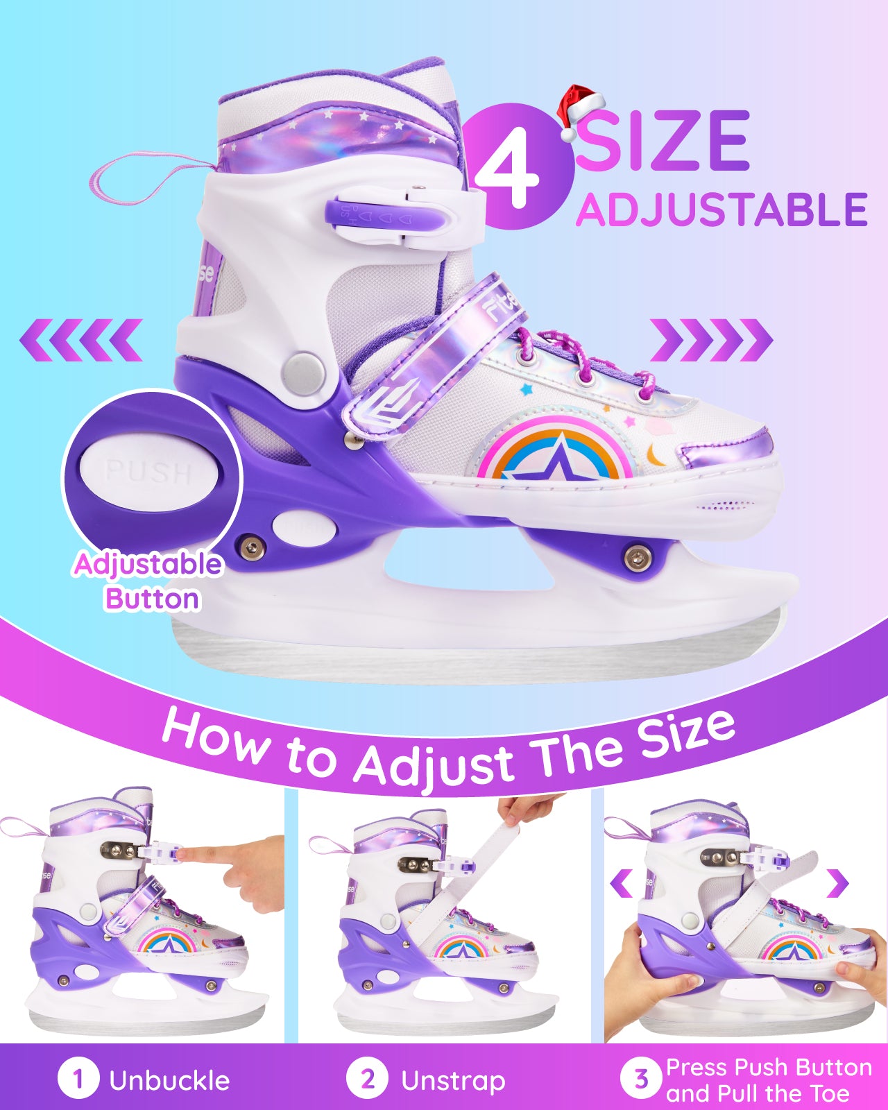 Fitense Adjustable Ice Skates for Kids, 4 Size Adjustable Youth Ice Skates with Blades, Includes Storage Bag Exquisite Package, Perfect Gift for Beginner Girls (Sizes 9C-6Y).