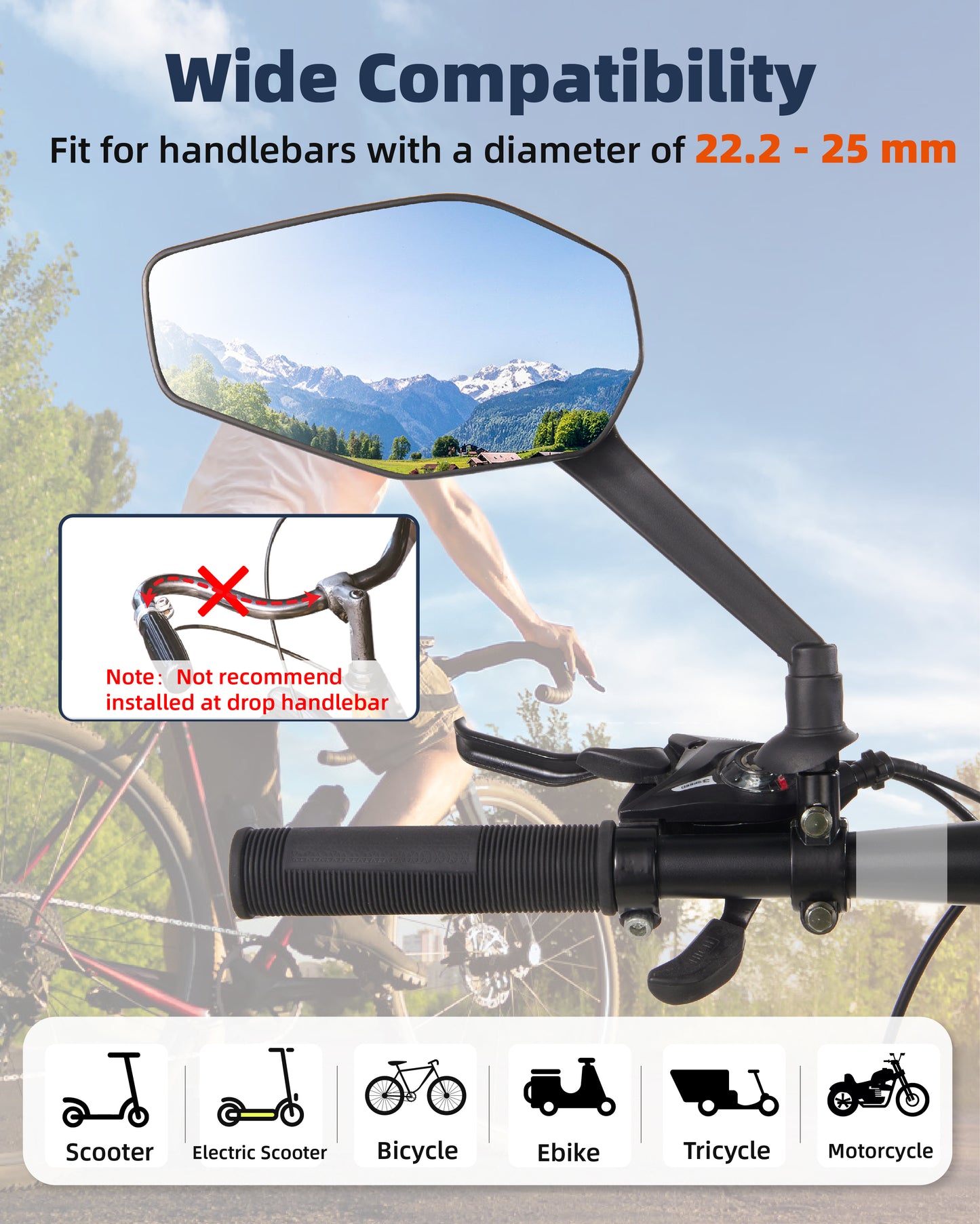 Bike Mirror, Bike Mirror Handlebar Mount, 360° Adjustable Safety Rear View Mirror, Scratch Resistant Glass Lens, Fit for Mountain Bike, Road Bike, E-bike, Scooter, Left Side