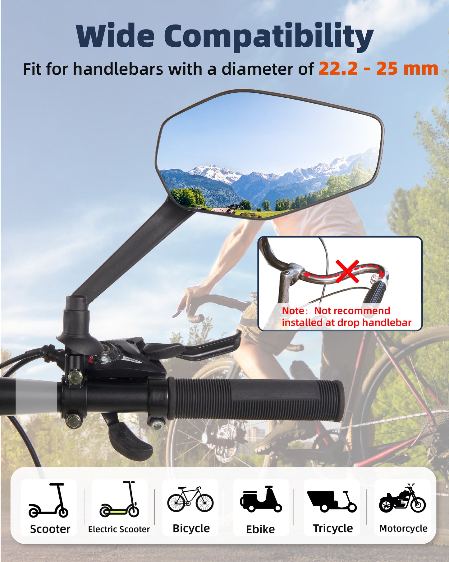 Bike Mirror, Bike Mirror Handlebar Mount, 360° Adjustable Safety Rear View Mirror, Scratch Resistant Glass Lens, Fit for Mountain Bike, Road Bike, E-bike, Scooter, Right Side