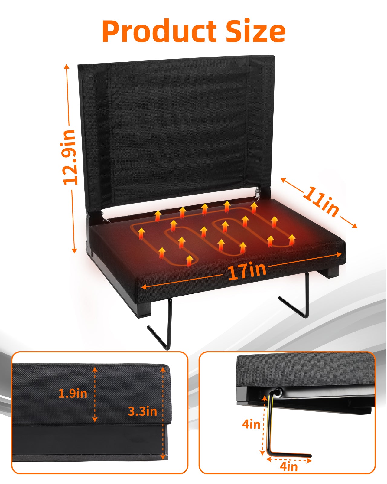 Heated Stadium Seat for Bleachers with Back Support, Folding USB 3 Levels Heated Stadium Chair, Portable Stadium Seat Cushion for Outdoor,Camping Games,Sports(Wide 17inch)