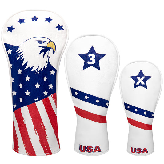 Fitense Golf Head Covers, 3 Pack Golf Club Head Covers USA Stars and Stripes, Velour Lined for Extra Club Protection, Designed to Fit All Woods and Drivers Velour Lined (1,3,X)