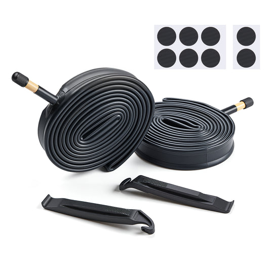 Fitense 2 Pack Road Bike Inner Tubes 700 x 23-28c, 32mm Schrader Valve Bike Tube with 2 Pcs Tire Levers & 8 Pcs Bike Tire Pre Glued Patchs, Compatible for Road, Urban & Ouring Bicycles