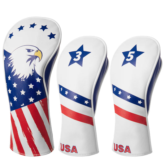 Fitense Golf Head Covers, 3 Pack Golf Club Head Covers USA Stars and Stripes, Velour Lined for Extra Club Protection, Designed to Fit All Woods and Drivers Velour Lined (1,3,5)
