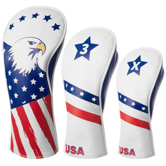 Fitense Magnetic Golf Head Covers, 3 Pack Golf Club Head Covers USA Stars and Stripes, Velour Lined for Extra Club Protection, Designed to Fit All Woods and Drivers Velour Lined (1,3,X)