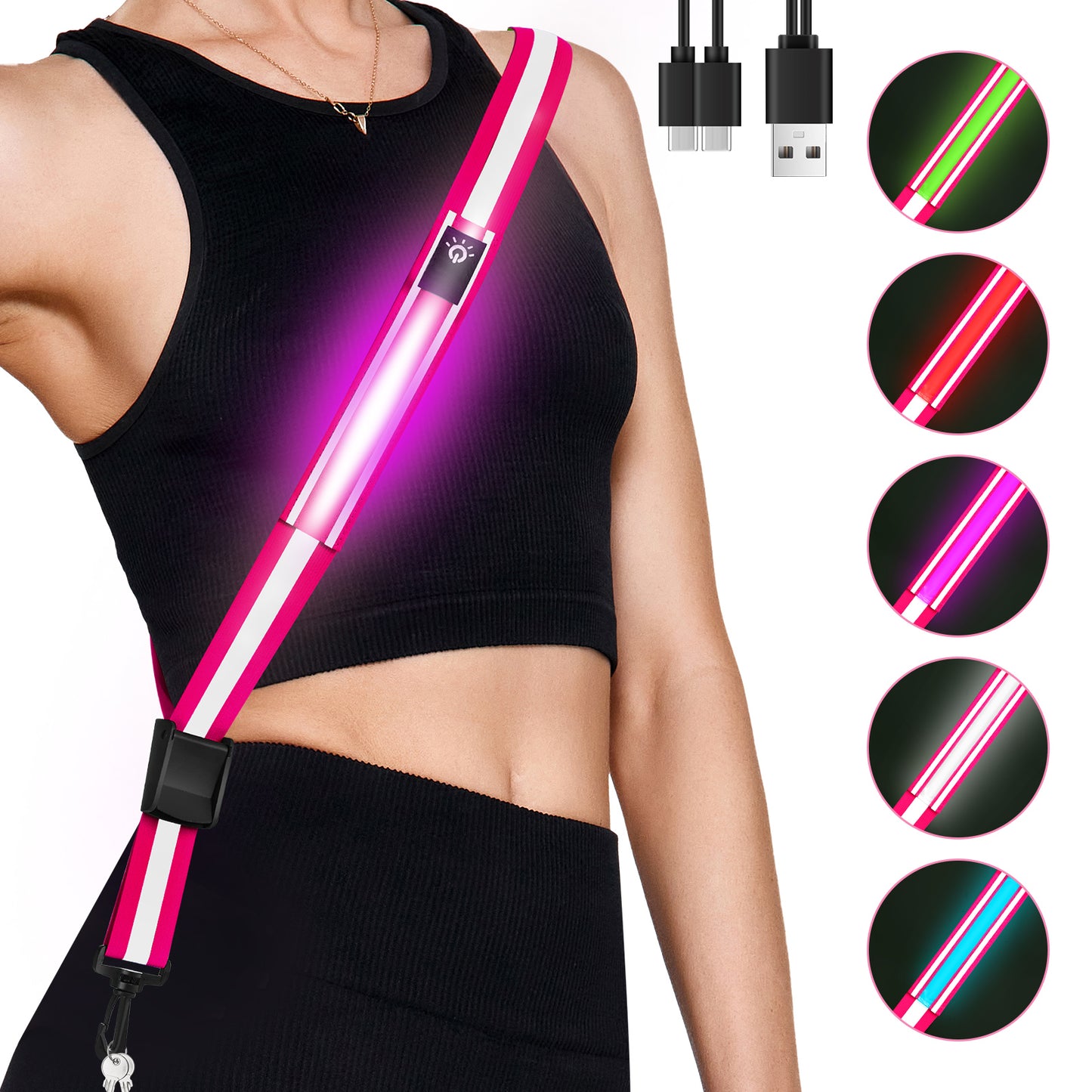 LED Reflective Belt Sash - 5 Lights Colors & 3 Light Modes High Visibility Night Safety Belt, Rechargeable Light Up Running Gear Adjustable Vest Straps for Runners Walkers Men Women