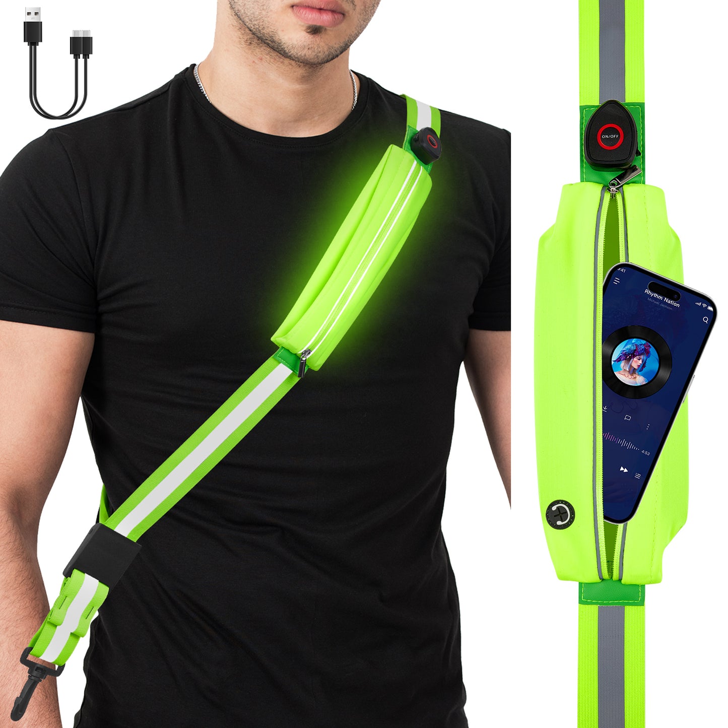 LED Reflective Belt Sash with Phone Holder, High Visibility Reflective Running Gear Rechargeable Light Up Safety Lights for Walkers for Runners Men Women