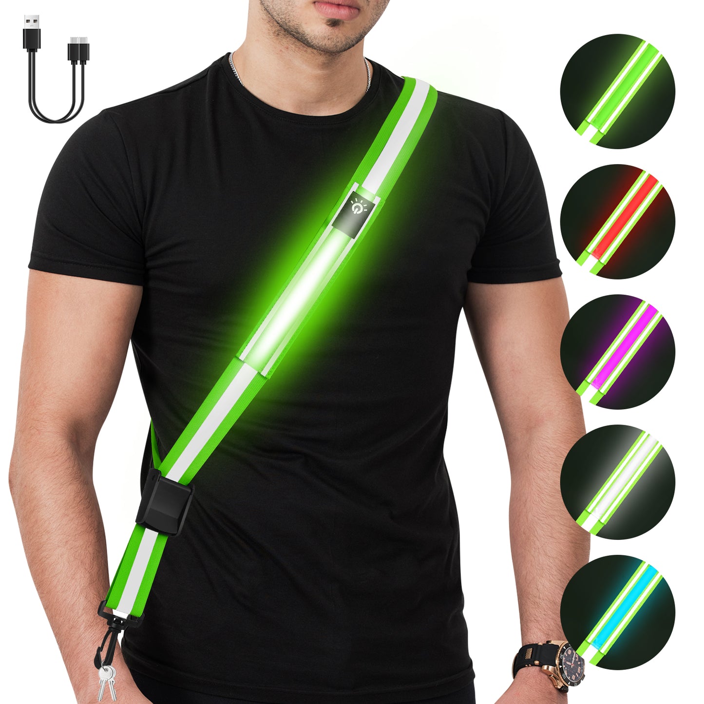 LED Reflective Belt Sash - 5 Lights Colors & 3 Light Modes High Visibility Night Safety Belt, Rechargeable Light Up Running Gear Adjustable Vest Straps for Runners Walkers Men Women