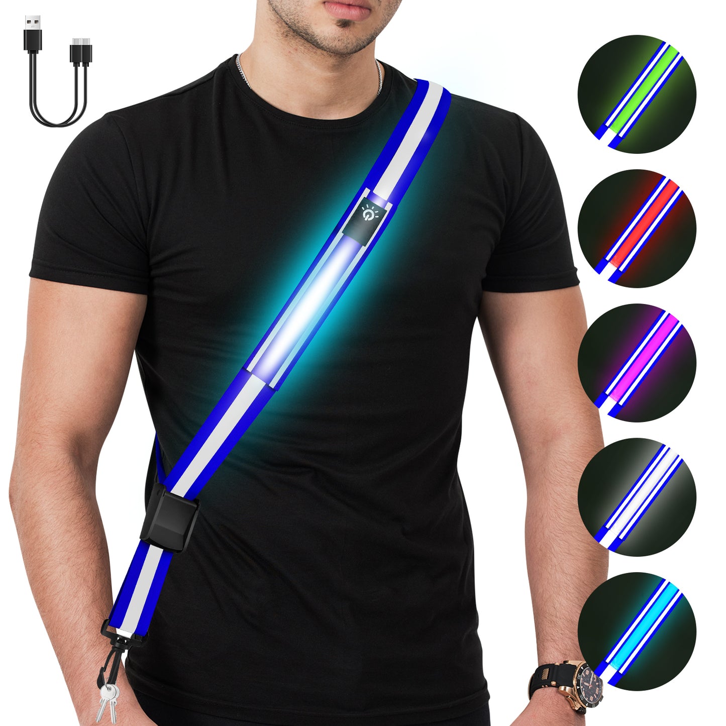 LED Reflective Belt Sash - 5 Lights Colors & 3 Light Modes High Visibility Night Safety Belt, Rechargeable Light Up Running Gear Adjustable Vest Straps for Runners Walkers Men Women