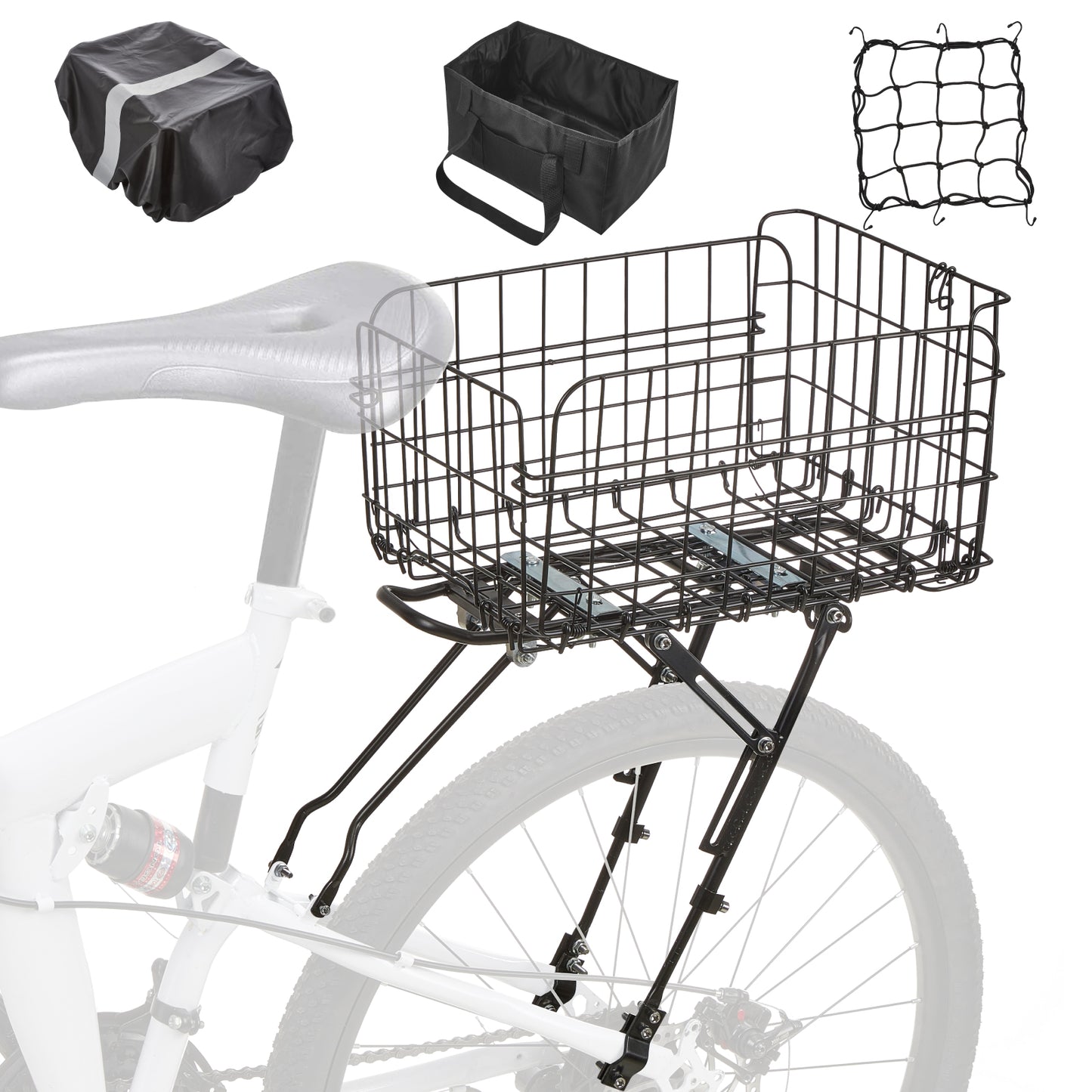 Fitense Rear Bike Rack with Basket- Bicycle Cargo Rack with Waterproof Cover, Liner and Cargo Net, Bike Storage Basket for Double - Rod Rear Fork for 26" - 29" and 700c Bikes