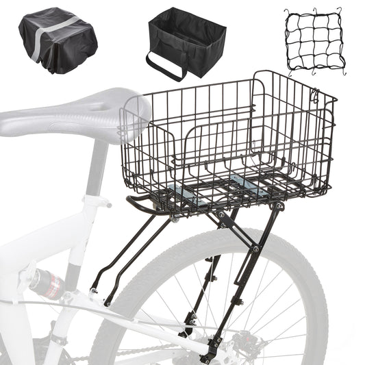 Fitense Rear Bike Rack with Basket- Bicycle Cargo Rack with Waterproof Cover, Liner and Cargo Net, Bike Storage Basket for Double - Rod Rear Fork for 26" - 29" and 700c Bikes