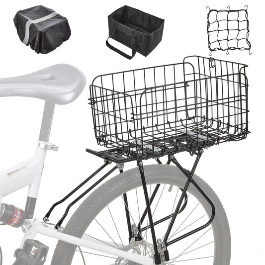 Fitense Rear Bike Rack with Basket- Bicycle Cargo Rack with Waterproof Cover, Liner and Cargo Net, Bike Storage Basket for 26" - 29" and 700c Bikes