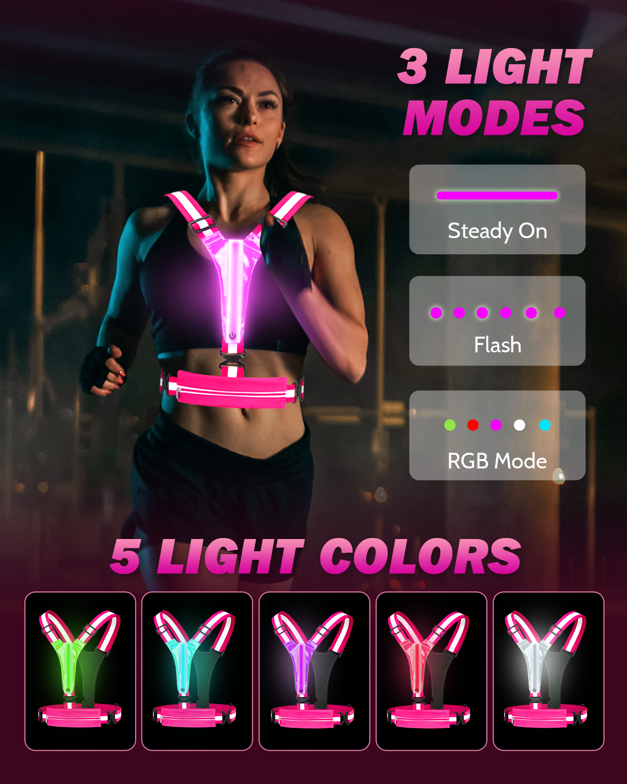 LED Reflective Running Vest with Phone Holder, 5 Colors Light Up Running Vest Rechargeable Running Lights for Runners High Visibility Reflective Running Gear, Adjustable for Men and Women