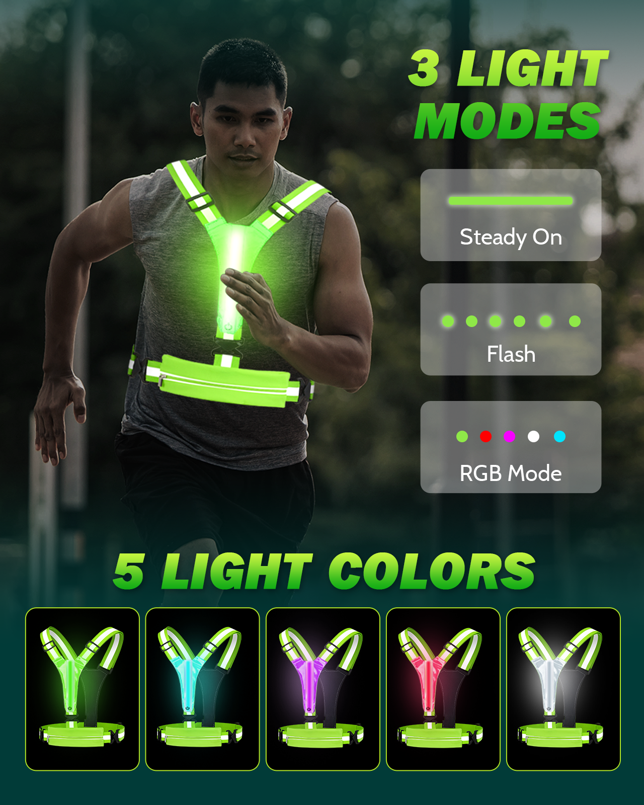 LED Reflective Running Vest with Phone Holder, 5 Colors Light Up Running Vest Rechargeable Running Lights for Runners High Visibility Reflective Running Gear, Adjustable for Men and Women