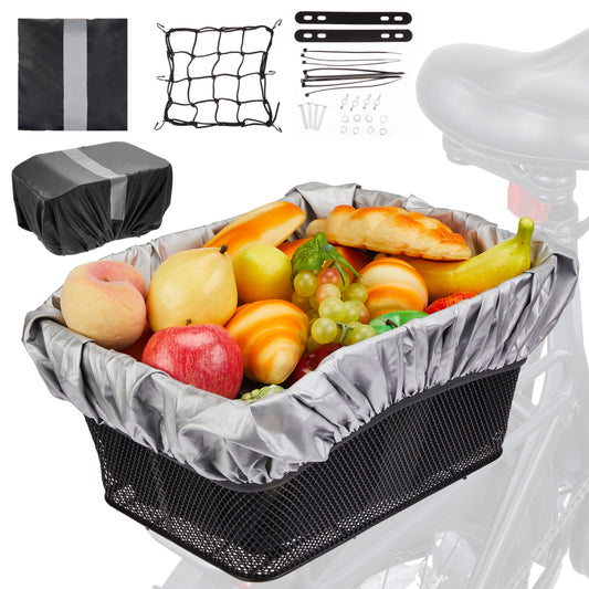Fitense Rear Bike Basket - 45 lbs Max Capacity, Large Bicycle Rear Basket with Cargo Net and 2-in-1 Reflective Waterproof Cover, Sturdy Wire Bike Cargo Basket, Easy to Install