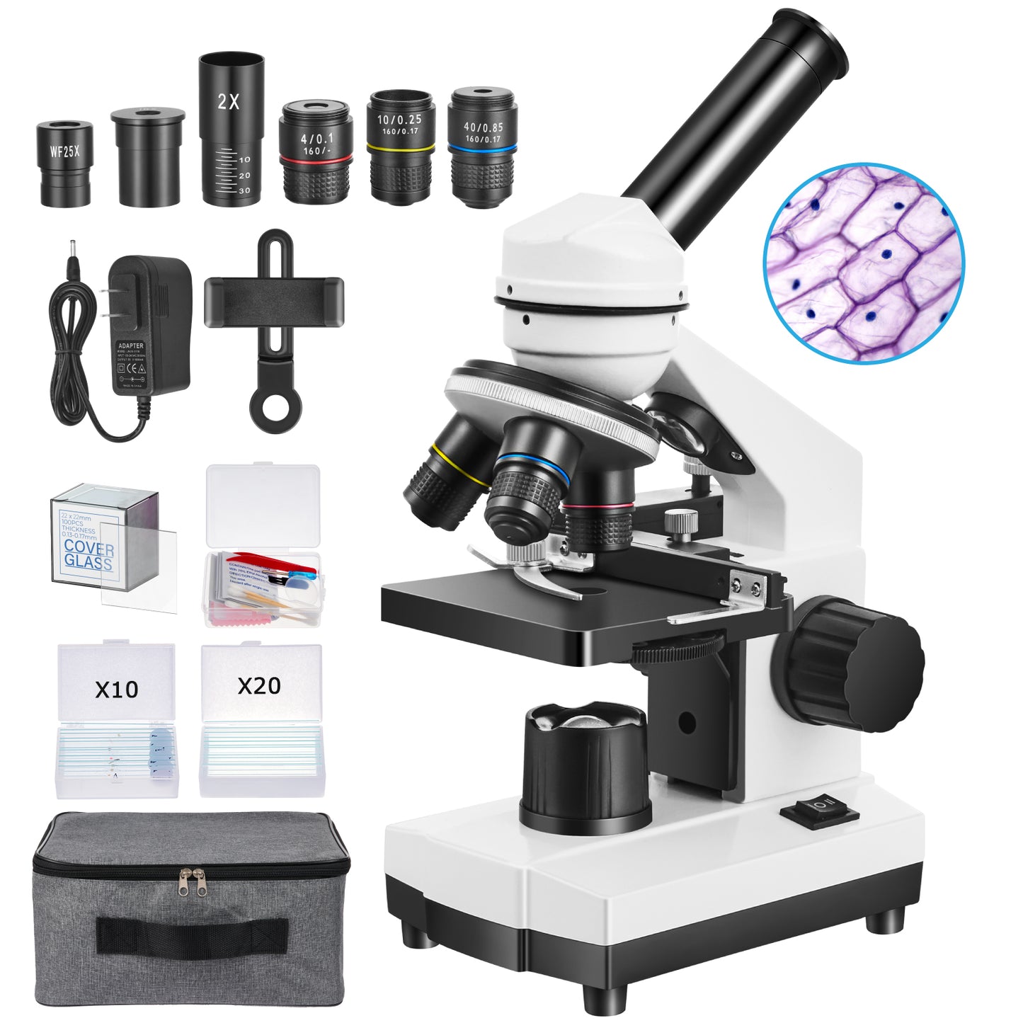 Fitense 40X-2000X Monocular Microscope Kit, Dual LED Light Microscope for Kids, 5 Colors Filter Wheel, Phone Holder, Specimen Slides, Storage Bag, Cord Powered & Battery Powered (Not Included)