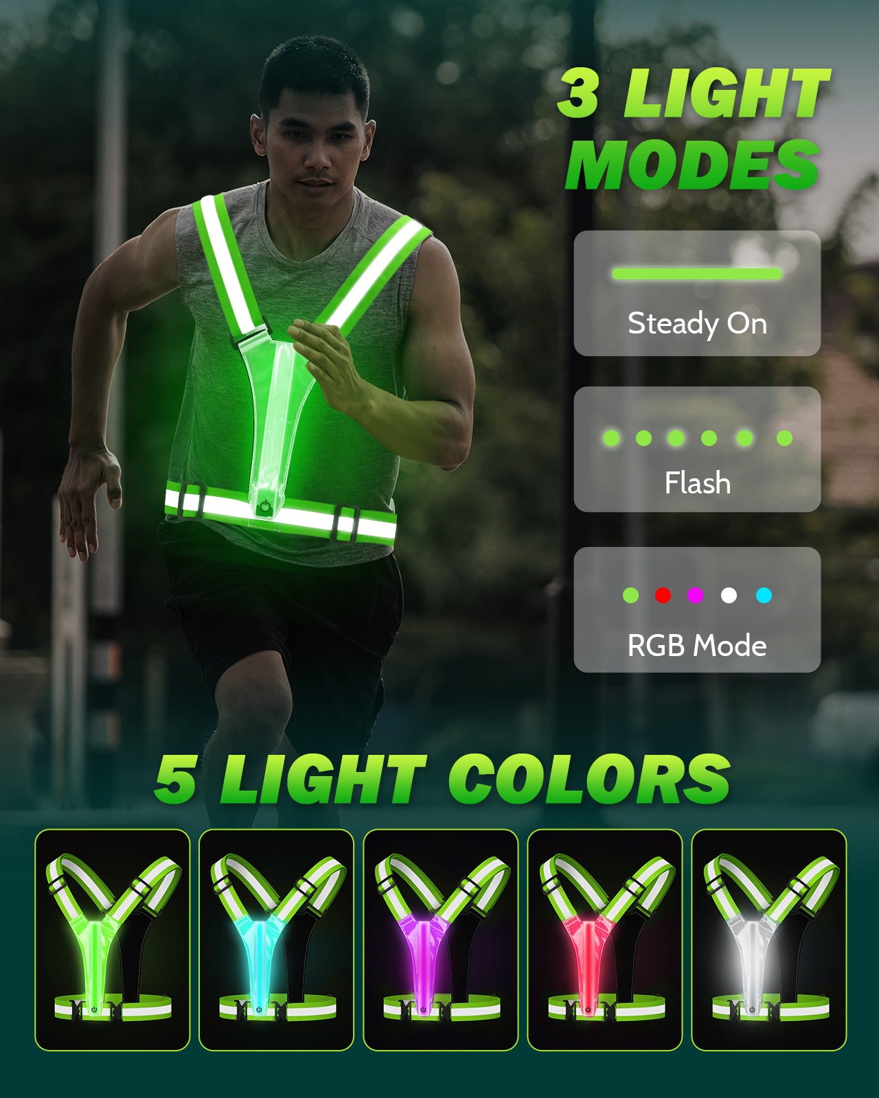 LED Reflective Running Vest, 5 Colors Light Up Running Vest Rechargeable Running Lights for Runners High Visibility Reflective Running Gear, Adjustable for Men and Women