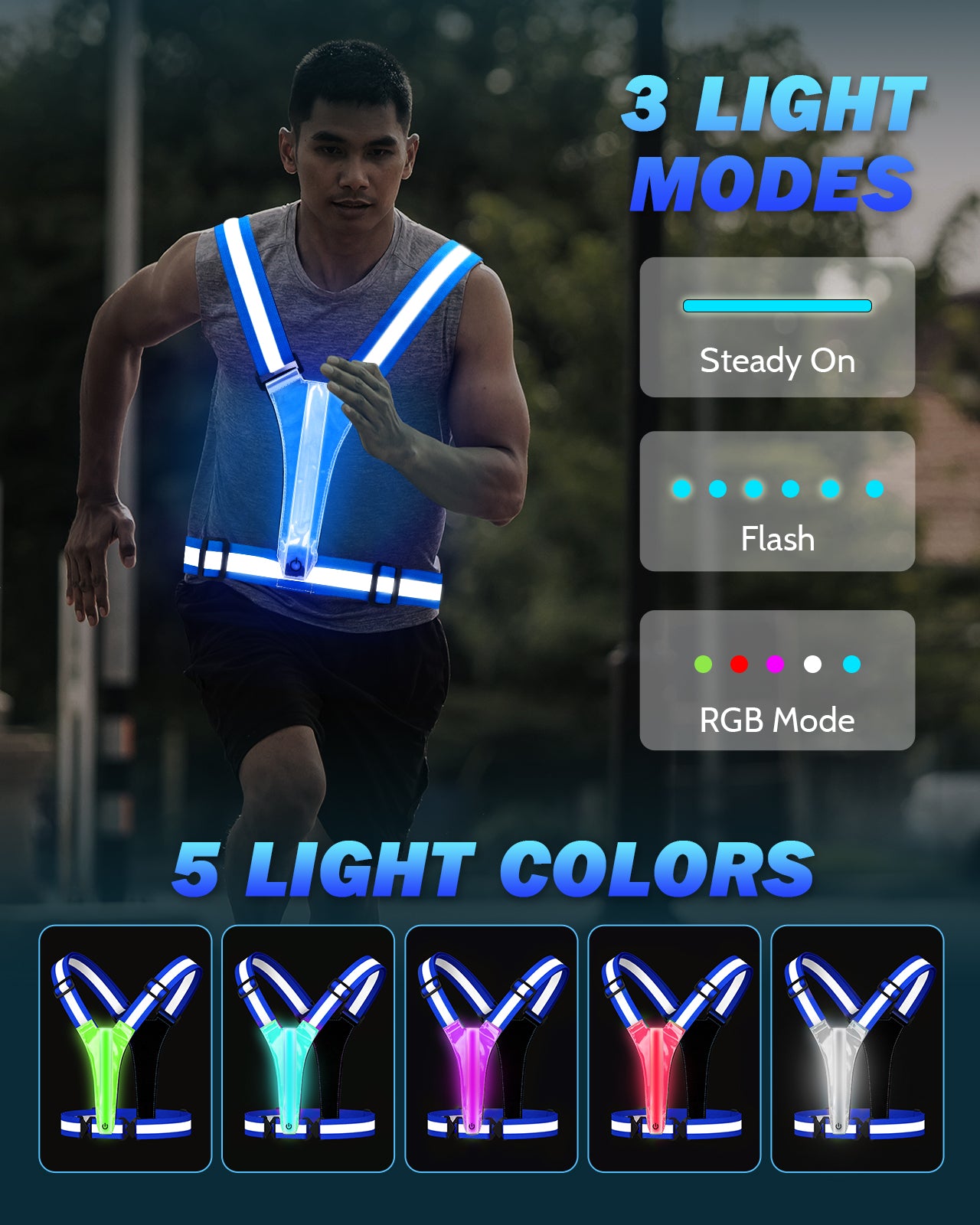 LED Reflective Running Vest, 5 Colors Light Up Running Vest Rechargeable Running Lights for Runners High Visibility Reflective Running Gear, Adjustable for Men and Women