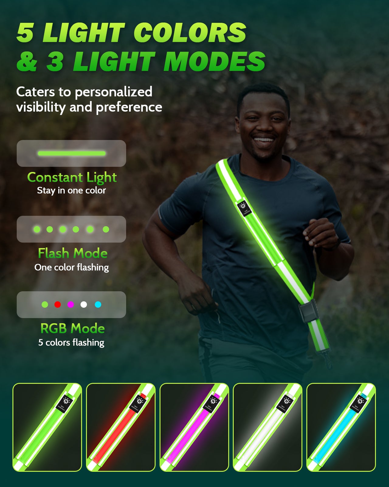 LED Reflective Belt Sash - 5 Lights Colors & 3 Light Modes High Visibility Night Safety Belt, Rechargeable Light Up Running Gear Adjustable Vest Straps for Runners Walkers Men Women