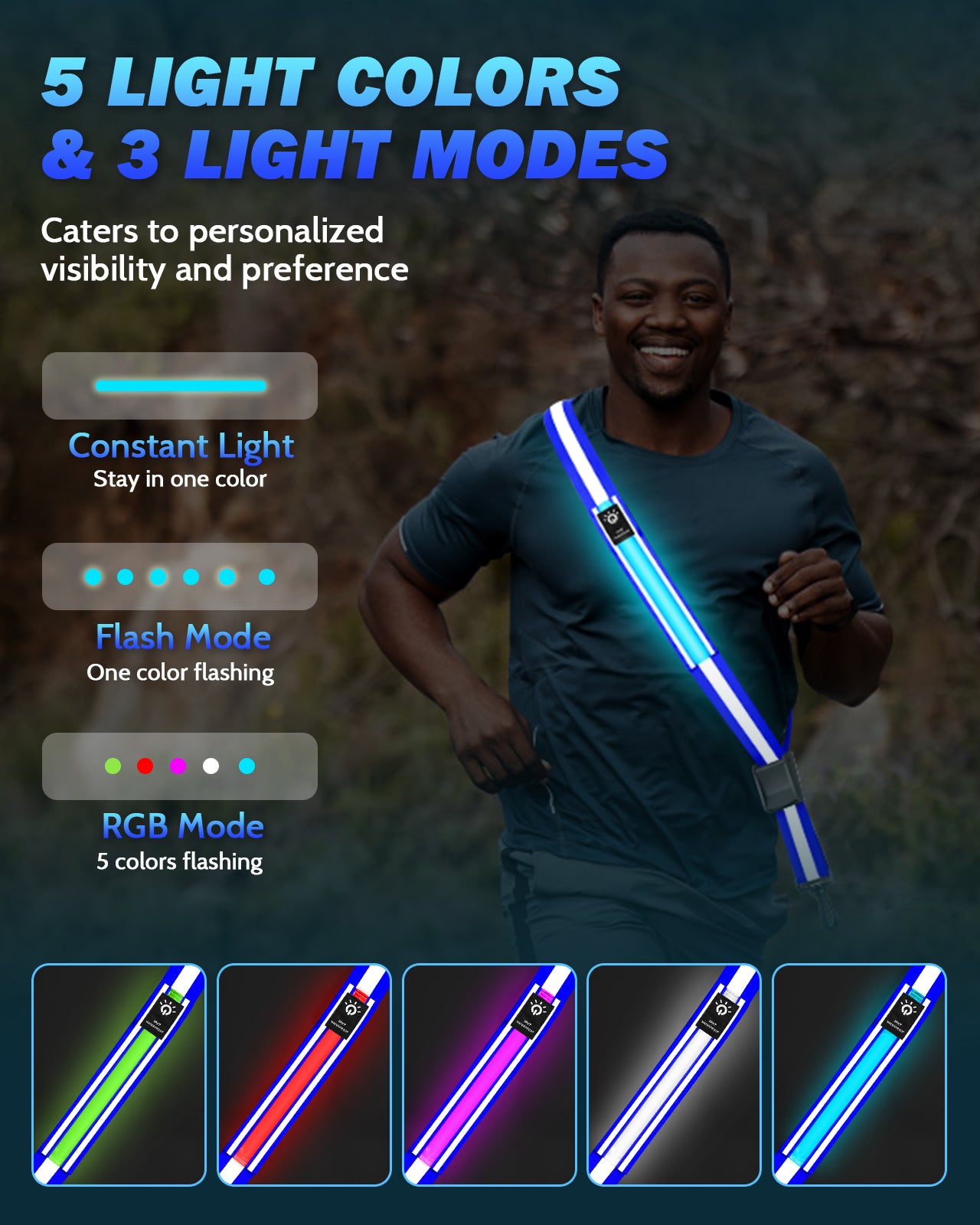 LED Reflective Belt Sash - 5 Lights Colors & 3 Light Modes High Visibility Night Safety Belt, Rechargeable Light Up Running Gear Adjustable Vest Straps for Runners Walkers Men Women