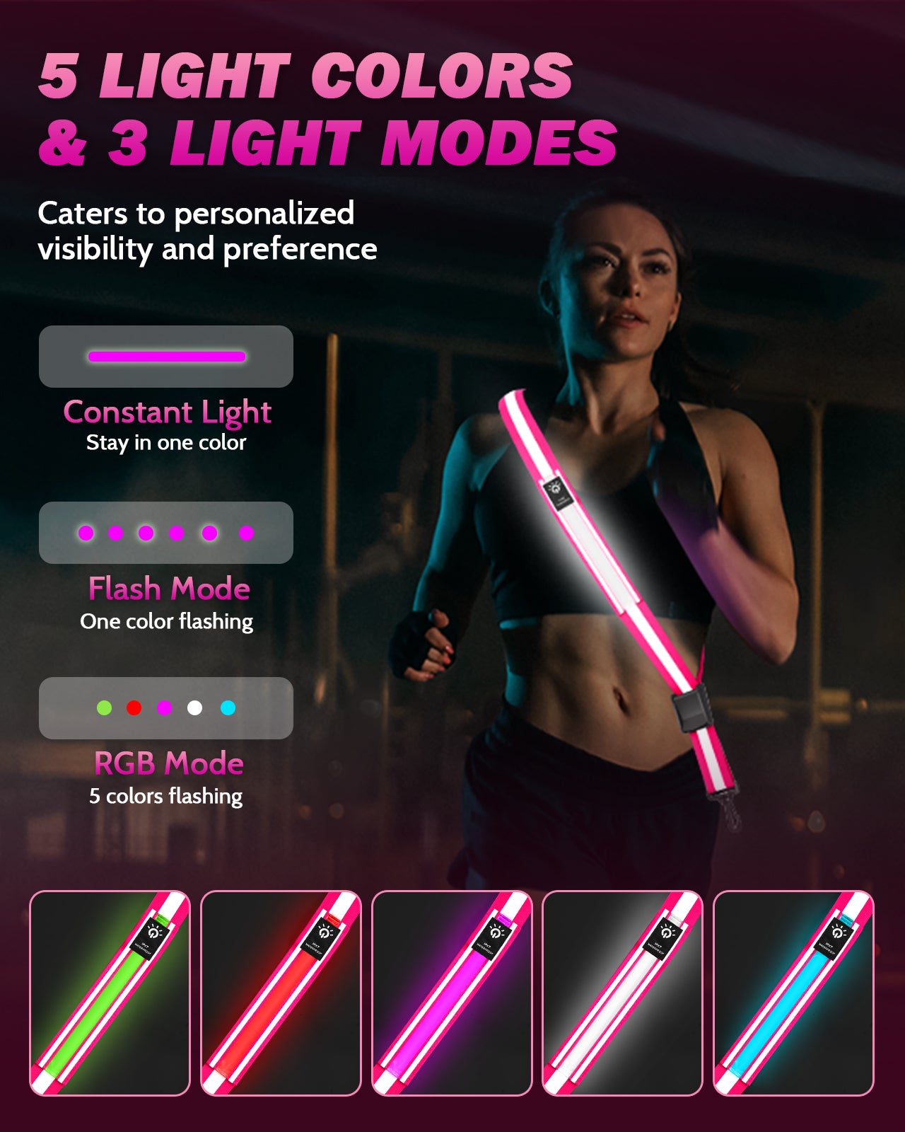 LED Reflective Belt Sash - 5 Lights Colors & 3 Light Modes High Visibility Night Safety Belt, Rechargeable Light Up Running Gear Adjustable Vest Straps for Runners Walkers Men Women