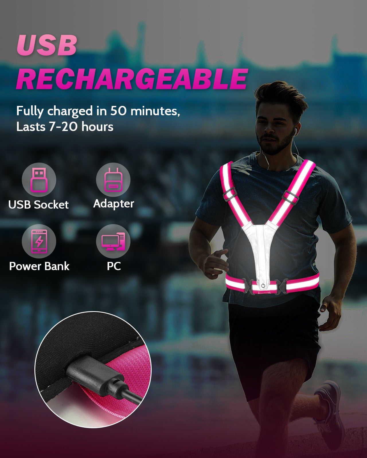 LED Reflective Running Vest, 5 Colors Light Up Running Vest Rechargeable Running Lights for Runners High Visibility Reflective Running Gear, Adjustable for Men and Women