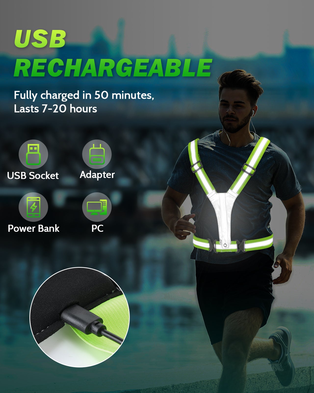 LED Reflective Running Vest, 5 Colors Light Up Running Vest Rechargeable Running Lights for Runners High Visibility Reflective Running Gear, Adjustable for Men and Women