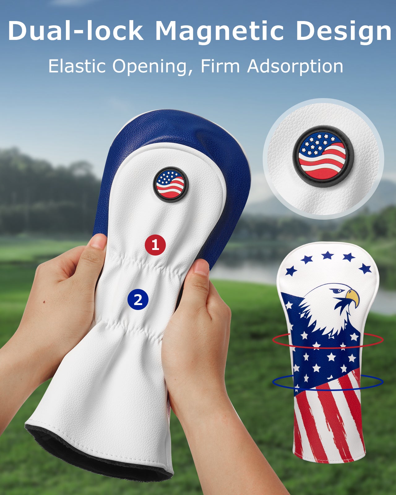 Fitense Magnetic Golf Head Covers, 3 Pack Golf Club Head Covers USA Stars and Stripes, Velour Lined for Extra Club Protection, Designed to Fit All Woods and Drivers Velour Lined (1,3,X)