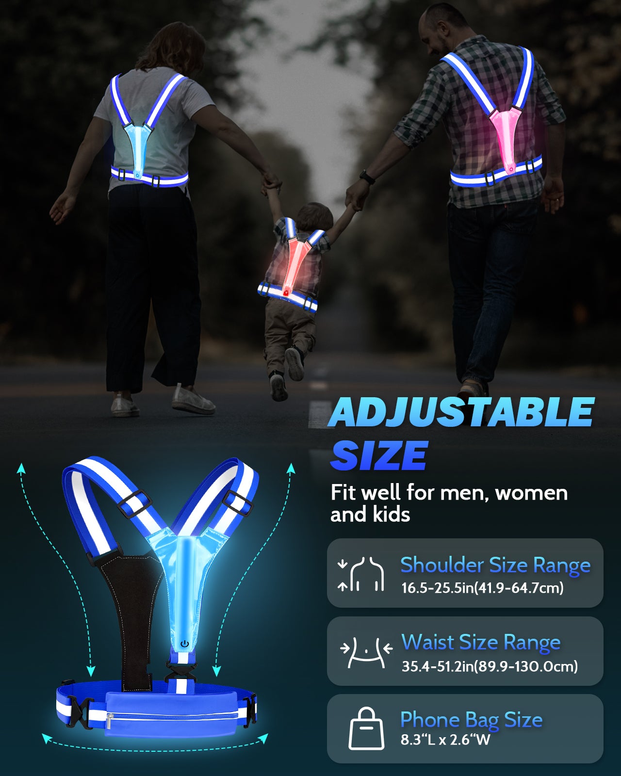 LED Reflective Running Vest with Phone Holder, 5 Colors Light Up Running Vest Rechargeable Running Lights for Runners High Visibility Reflective Running Gear, Adjustable for Men and Women