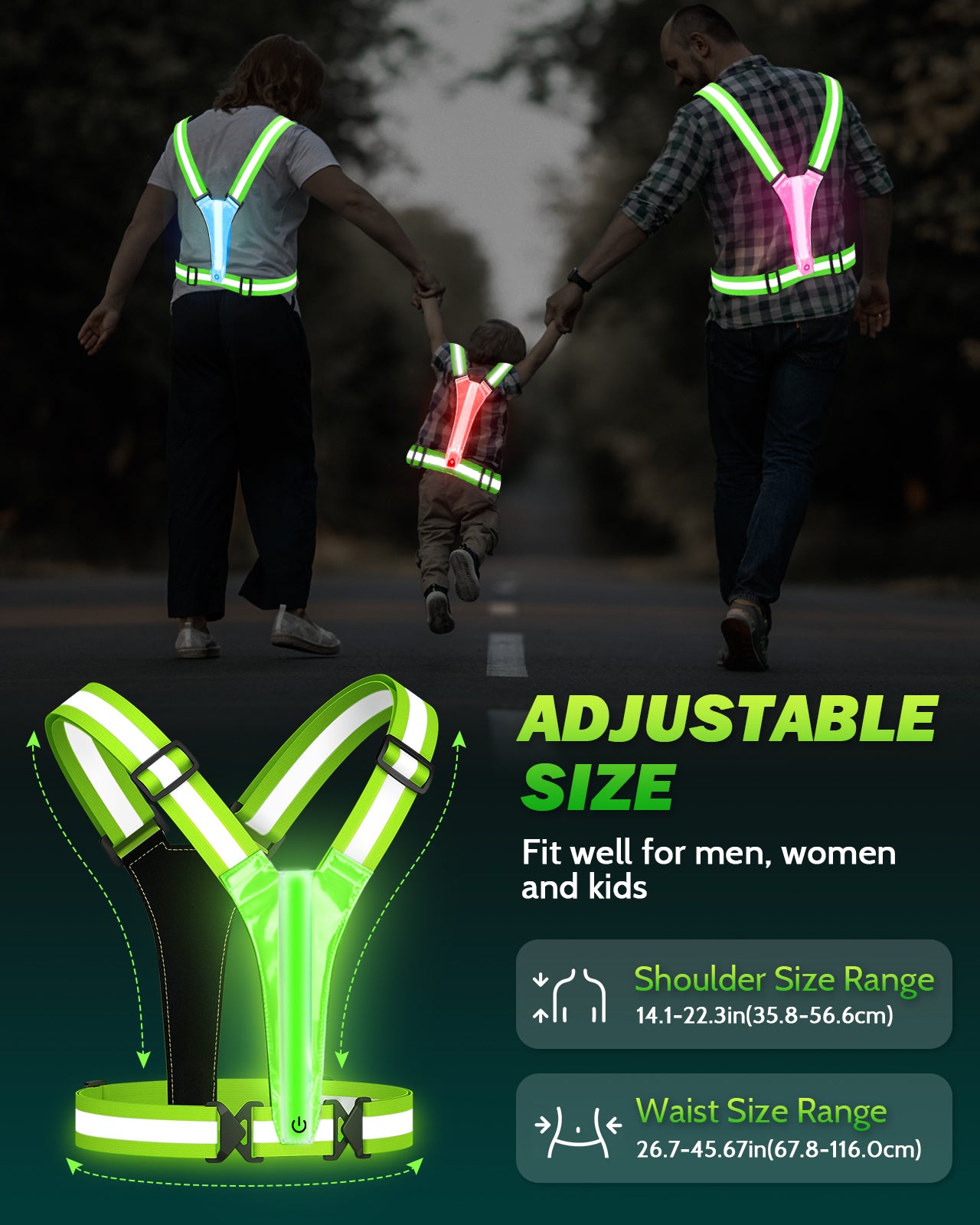 LED Reflective Running Vest, 5 Colors Light Up Running Vest Rechargeable Running Lights for Runners High Visibility Reflective Running Gear, Adjustable for Men and Women