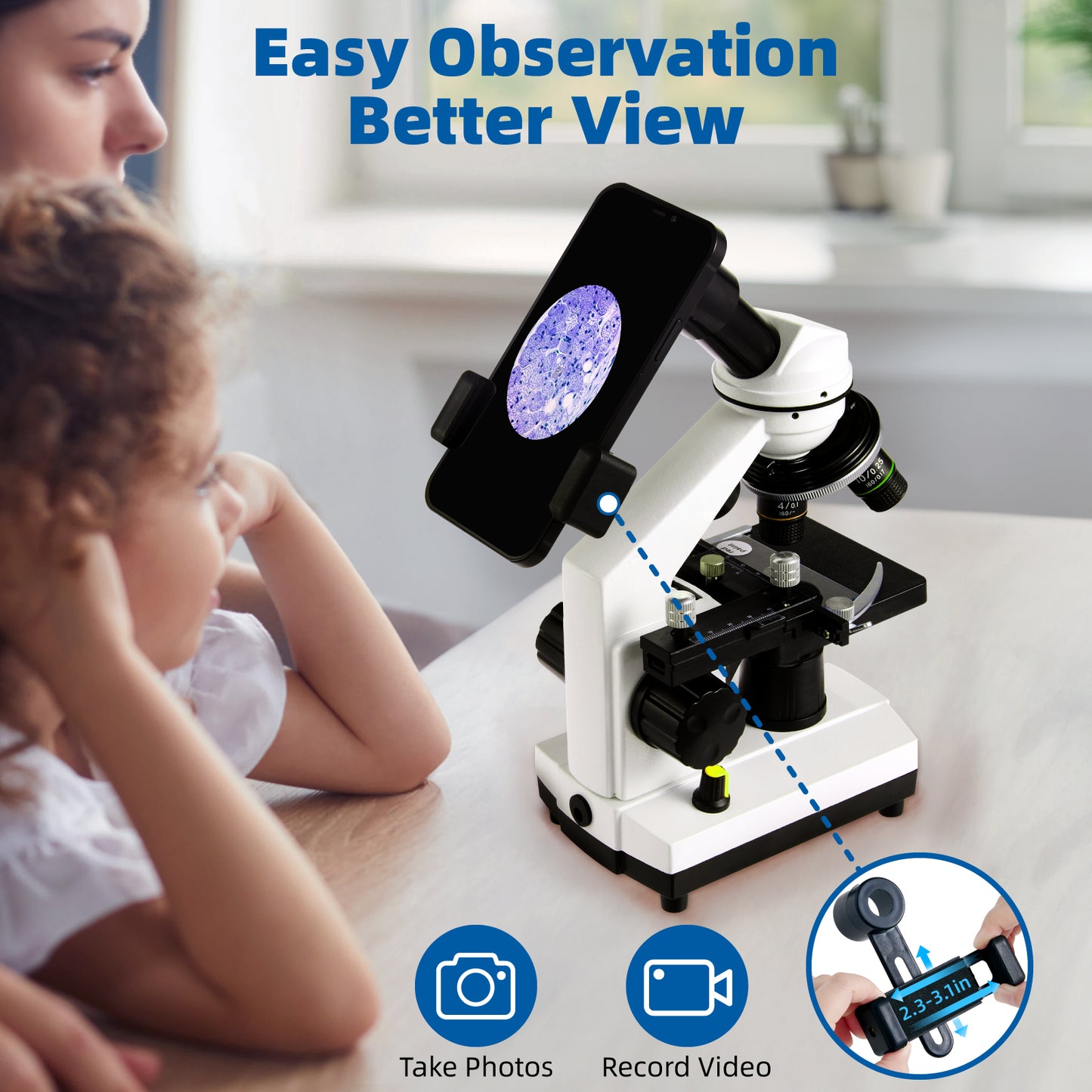 Fitense 40X-2000X Monocular Microscope Kit, Dual LED Light Microscope for Kids, 5 Colors Filter Wheel, Phone Holder, Specimen Slides, Storage Bag, Cord Powered & Battery Powered (Not Included)