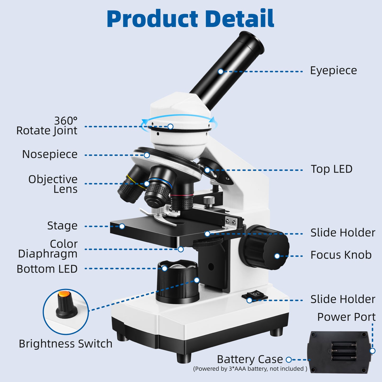 Fitense 40X-2000X Monocular Microscope Kit, Dual LED Light Microscope for Kids, 5 Colors Filter Wheel, Phone Holder, Specimen Slides, Storage Bag, Cord Powered & Battery Powered (Not Included)