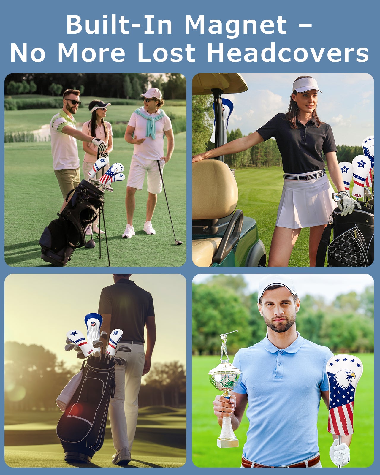 Fitense Magnetic Golf Head Covers, 3 Pack Golf Club Head Covers USA Stars and Stripes, Velour Lined for Extra Club Protection, Designed to Fit All Woods and Drivers Velour Lined (1,3,X)