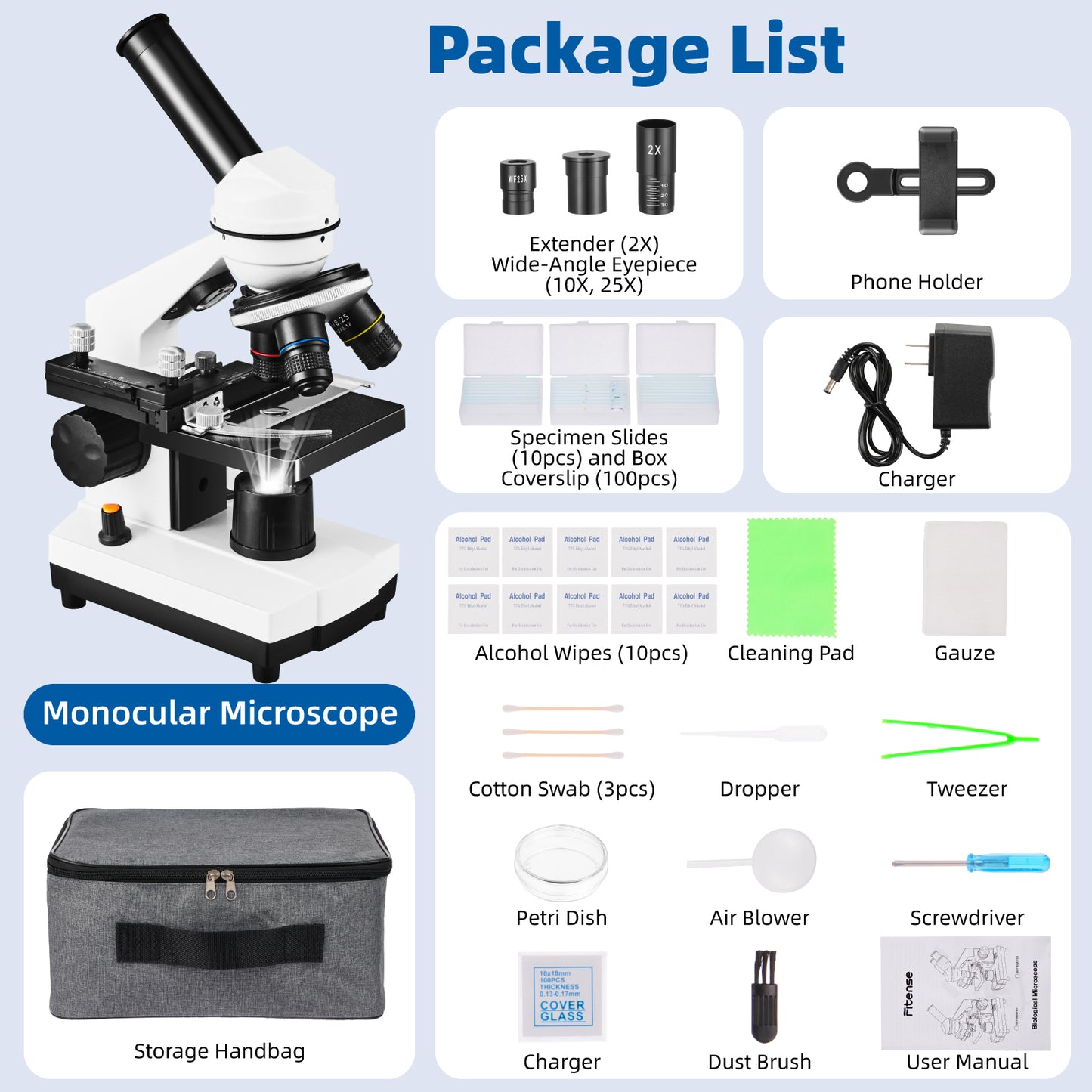 Fitense 40X-2000X Monocular Microscope Kit, Dual LED Light Microscope for Kids, 5 Colors Filter Wheel, Phone Holder, Specimen Slides, Storage Bag, Cord Powered & Battery Powered (Not Included)