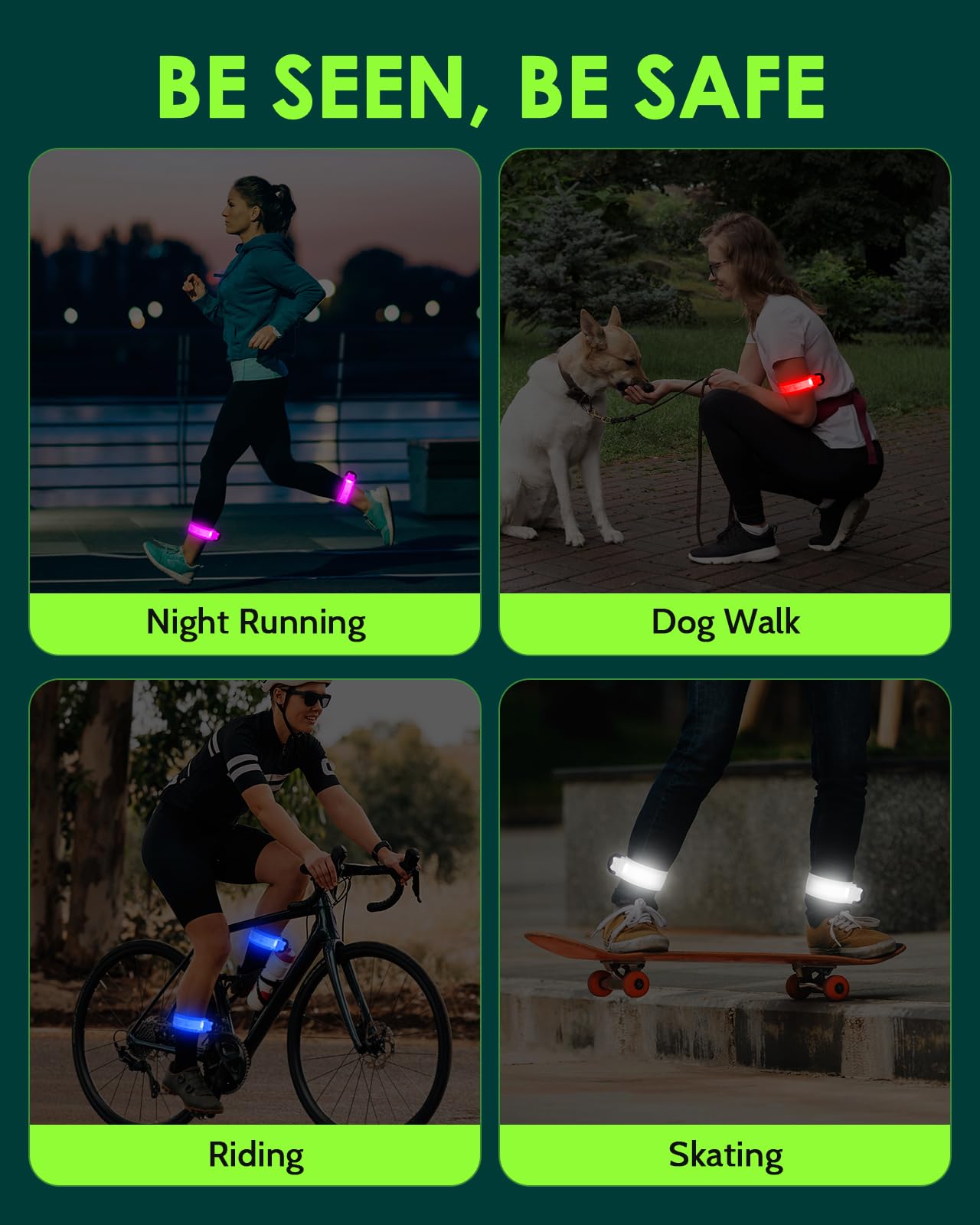 Rechargeable LED Armband 2-Pack, High Visibility Reflective Running Gear for Night Safety, 5 Colors & 2 Modes Light Up Armbands for Night Walking, Cycling, Running Gift for Women Men, White